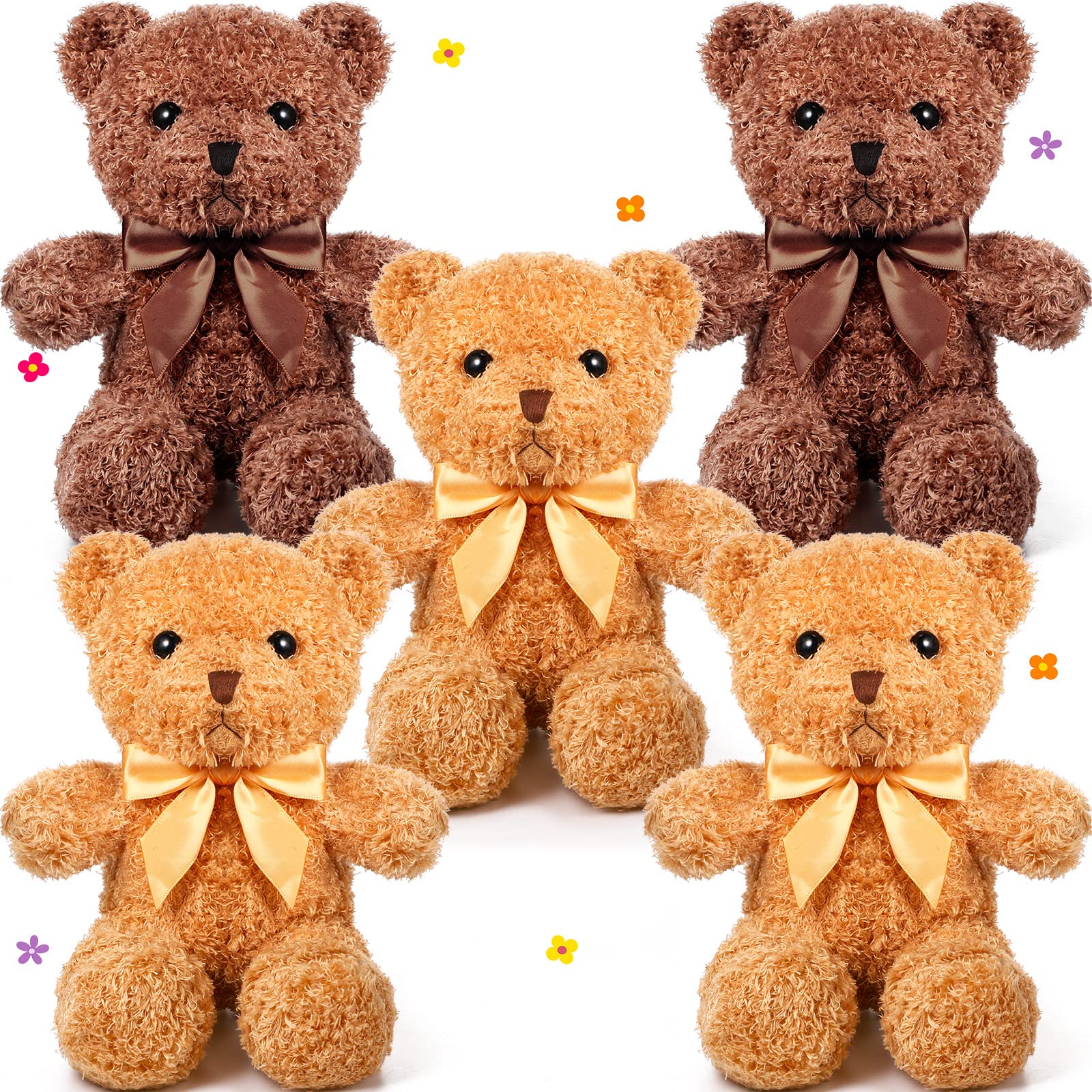 5 Pcs Bears Stuffed Animal Soft Plush Toys 12 Inches Cute Bear Small Shaggy Bear with Hoodie Bow Tie for Kids Boys Girls Baby Shower Birthday Party (Light Brown, Dark Brown, Bow Tie Style)