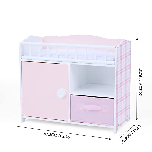 Olivia's Little World Polka Dot Princess Wooden Baby Doll Crib with Under-The-Crib Storage Featuring a Cabinet with Door and Two Cubbies, Pink and White