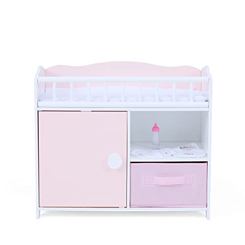 Olivia's Little World Polka Dot Princess Wooden Baby Doll Crib with Under-The-Crib Storage Featuring a Cabinet with Door and Two Cubbies, Pink and White