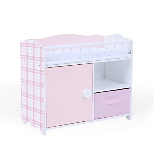 Olivia's Little World Polka Dot Princess Wooden Baby Doll Crib with Under-The-Crib Storage Featuring a Cabinet with Door and Two Cubbies, Pink and White