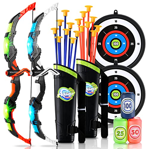 BELLOCHIDDO 2 Set Bow and Arrow for Kids 8-12 - LED Light Up Kids Archery Set with 2 Bow 16 Suction Cup Arrows, 2 Target & 2 Quiver, Indoor & Outdoor Play Toys for 4-7 8-12 Year Old Boys