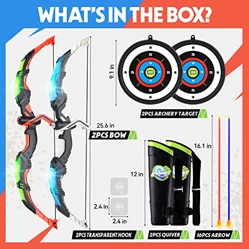 BELLOCHIDDO 2 Set Bow and Arrow for Kids 8-12 - LED Light Up Kids Archery Set with 2 Bow 16 Suction Cup Arrows, 2 Target & 2 Quiver, Indoor & Outdoor Play Toys for 4-7 8-12 Year Old Boys