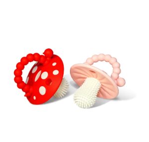 razbaby chompy teether for infant & baby 3m+ teether toy with massaging bristles for teething relief pacifier - soothes sore gums - hands-free & easy-to-hold teether, bpa free - red/pink