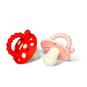 RaZbaby Chompy Teether for Infant & Baby 3M+ Teether Toy with Massaging Bristles for Teething Relief Pacifier - Soothes Sore Gums - Hands-Free & Easy-to-Hold Teether, BPA Free - RED/Pink