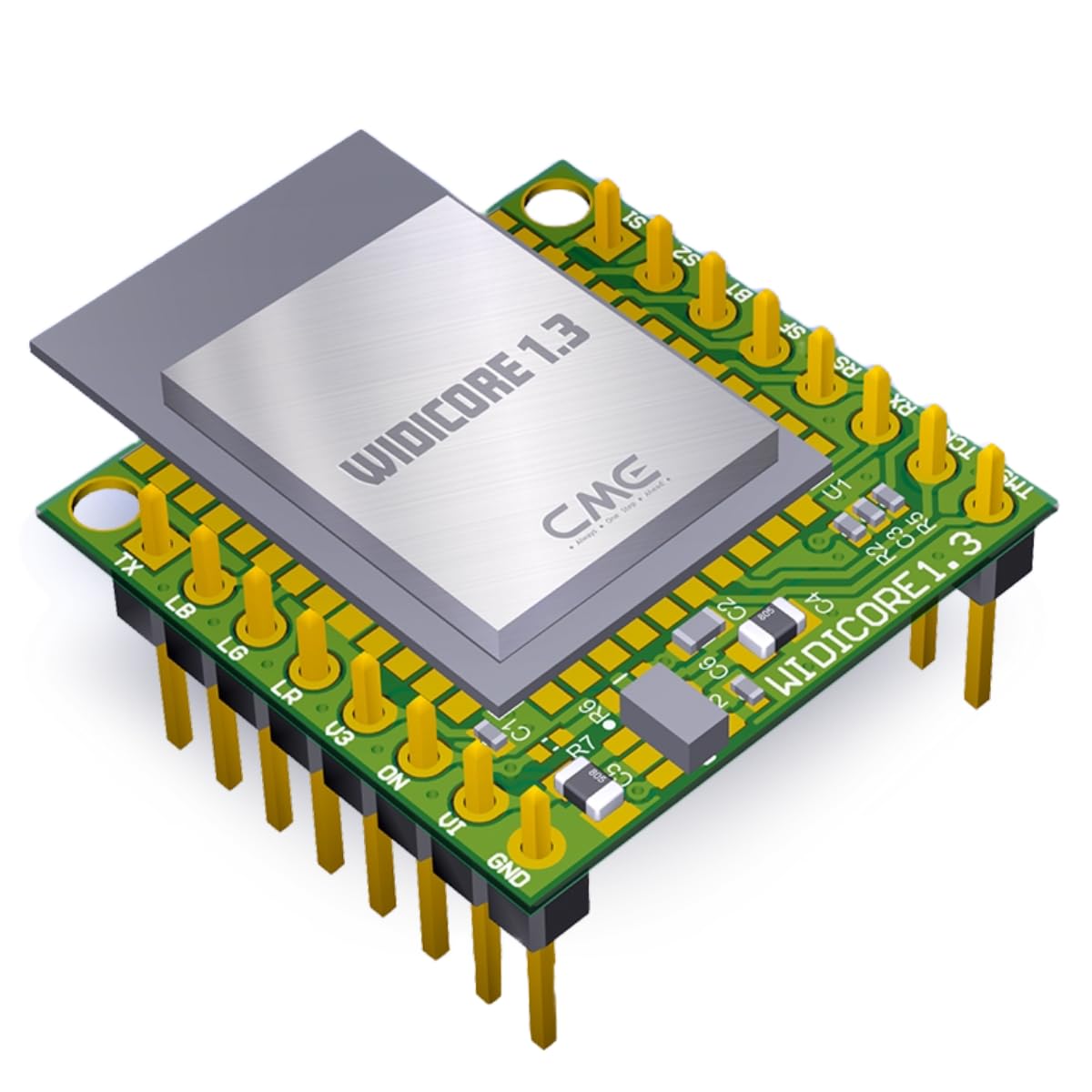 CME WIDI Core - Smart (BLE) breakout board that implements premium MIDI over Bluetooth Low Energy as developed by CME with onboard PCB antenna and populated pin header