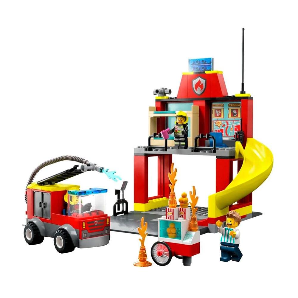 Lego City Fire Station and Fire Engine 60375, Pretend Play Fire Station with Firefighter Minifigures, Educational Vehicle Toys for Kids Boys Girls Age 4+