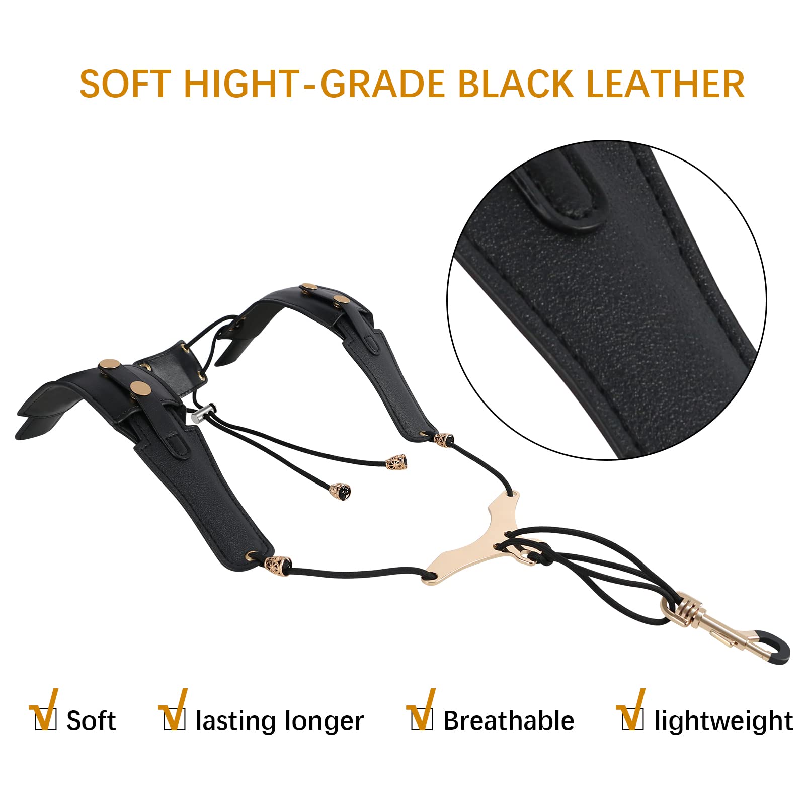 RANMING Saxophone Shoulder Strap,Double Shoulder Leather Saxophone Harness Strap with Adjustable Length Metal Slider Sax Harness,Reduces Neck Pain,for Long Hours of Practice.