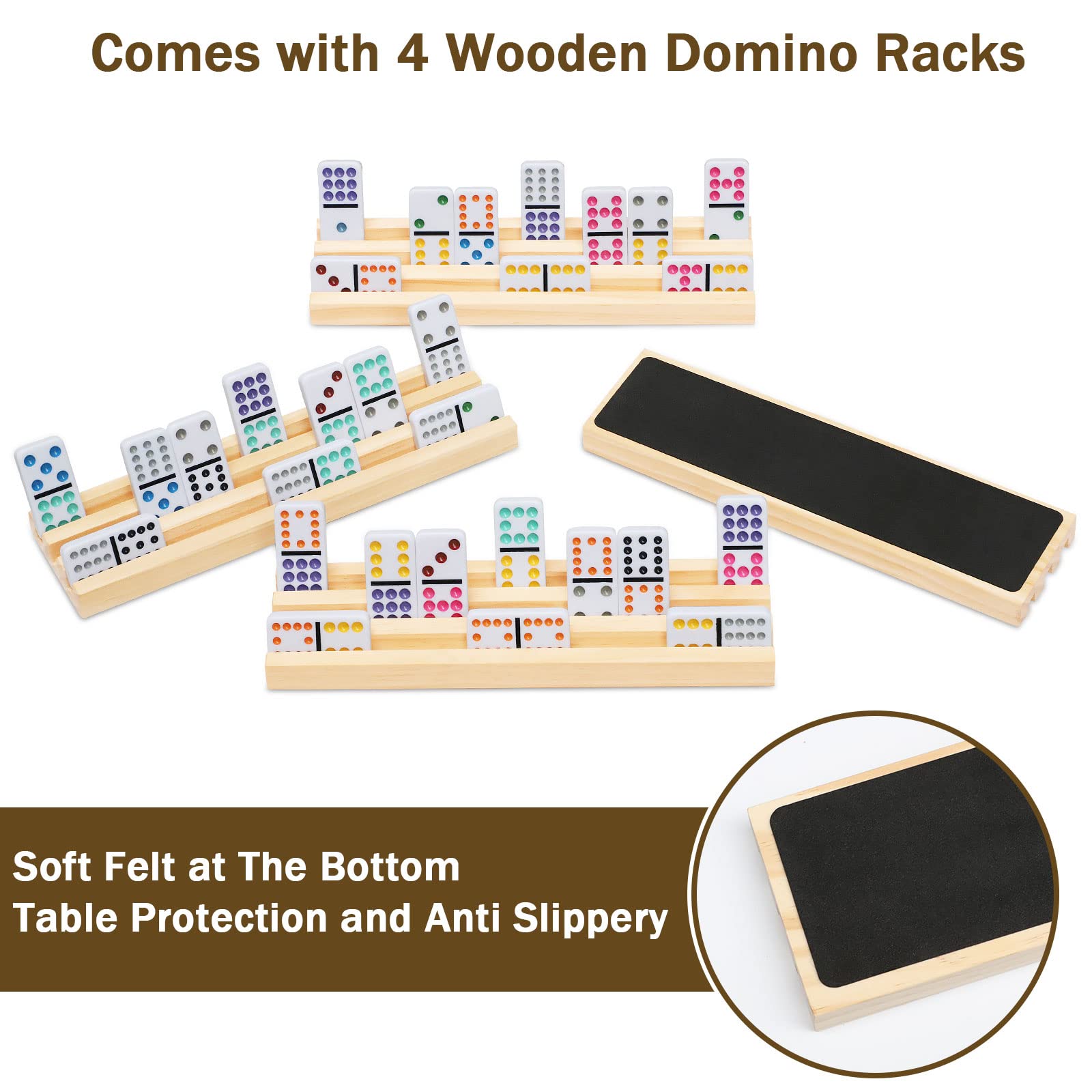 Mexican Train Dominoes Set with 4 Wooden Trays/Racks, Double 12 Dominos Travel Set with 4 Domino Tiles Holders, 91 Tiles Double 12 Colored Dominoes Game Set with Portable Case for Families Kids