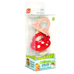 RaZbaby Chompy Teether for Infant & Baby 3M+ Teether Toy with Massaging Bristles for Teething Relief Pacifier - Soothes Sore Gums - Hands-Free & Easy-to-Hold Teether, BPA Free - RED/Pink