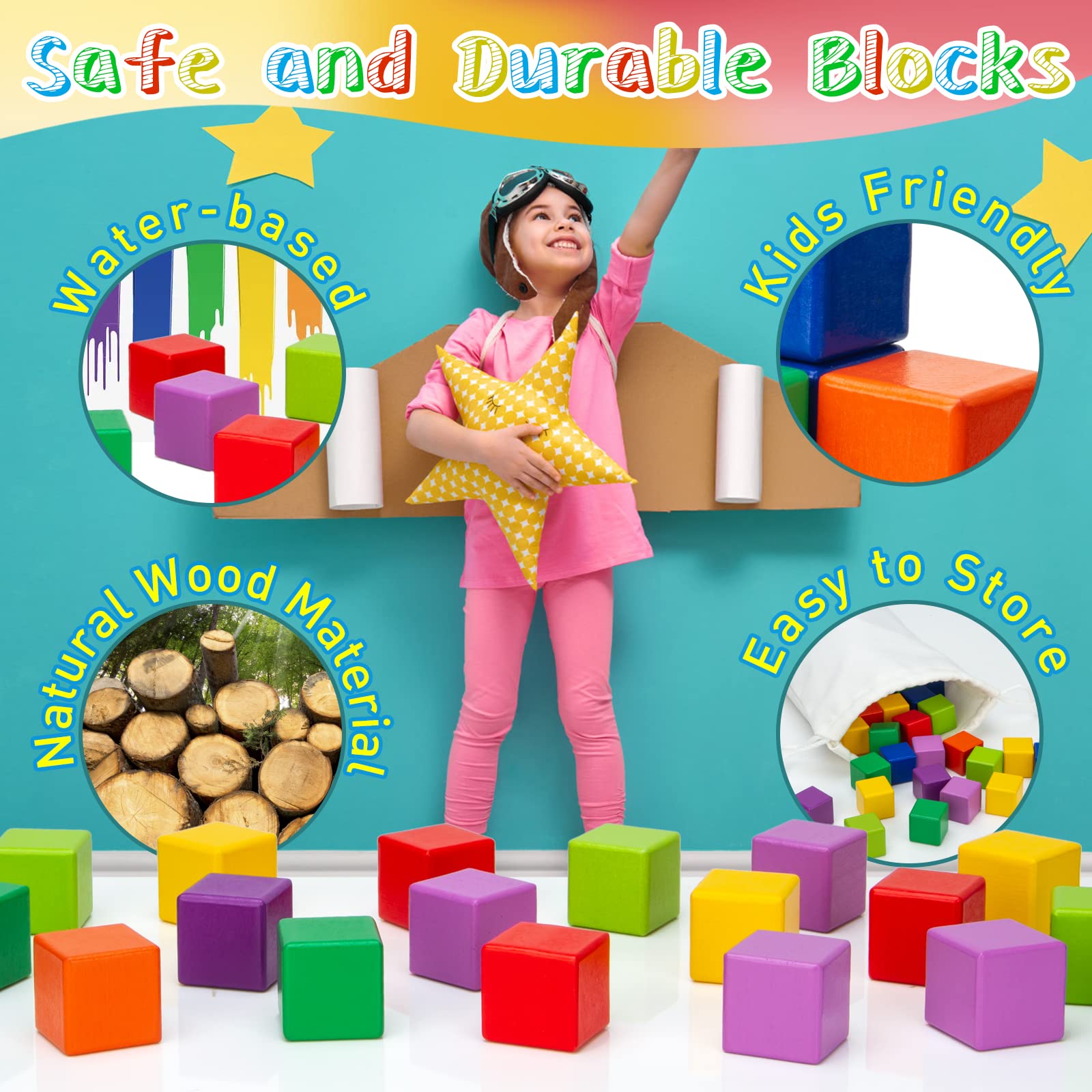 100PCS Wooden Building Blocks Stacking Game - 1 inch Rainbow Counting Blocks for Kids - Preschool Learning Educational Toys for Toddlers Boys Girls