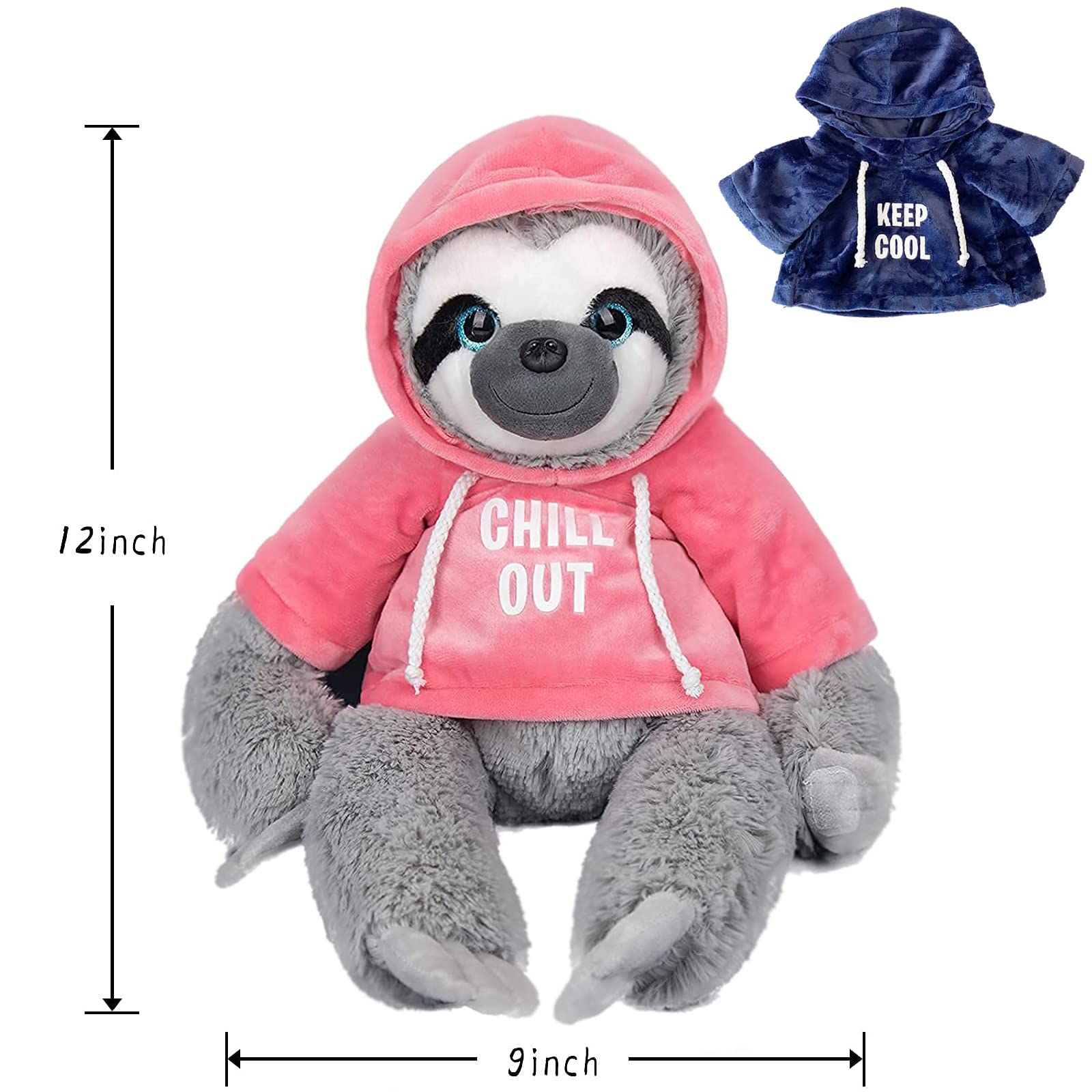 Sloth Stuffed Animals Plush Toy with Removable Two T-Shirts Hanging Plush Soft Sloth Plush Toys 12 Inches (Pink+Blue)