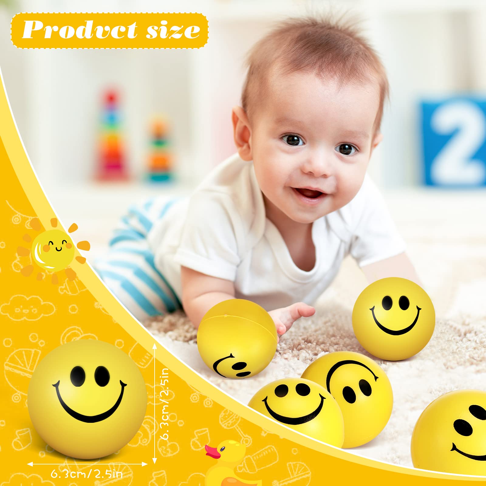 2.5 Inch Smile Face Stress Balls Bulk Happy Smile Stress Relief Balls Mini Funny Foam Balls Kids Smile Face Toys for Teens Adults Carnival Christmas Party Bag Fillers (Yellow,100 Pcs)