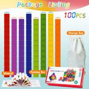 100PCS Wooden Building Blocks Stacking Game - 1 inch Rainbow Counting Blocks for Kids - Preschool Learning Educational Toys for Toddlers Boys Girls