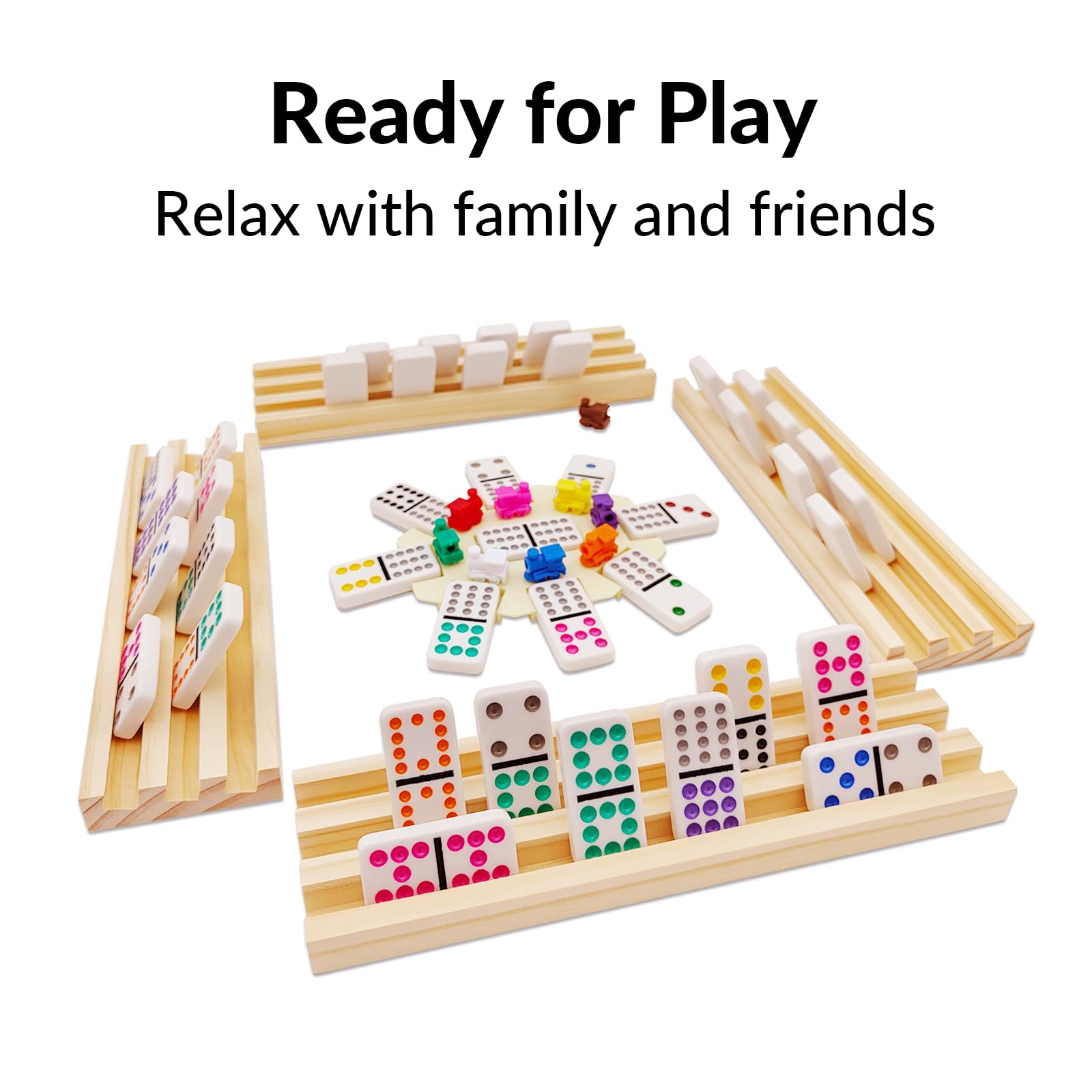 Mexican Train Dominoes Set with 4 Wooden Trays/Racks, Double 12 Dominos Travel Set with 4 Domino Tiles Holders, 91 Tiles Double 12 Colored Dominoes Game Set with Portable Case for Families Kids