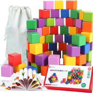 100PCS Wooden Building Blocks Stacking Game - 1 inch Rainbow Counting Blocks for Kids - Preschool Learning Educational Toys for Toddlers Boys Girls