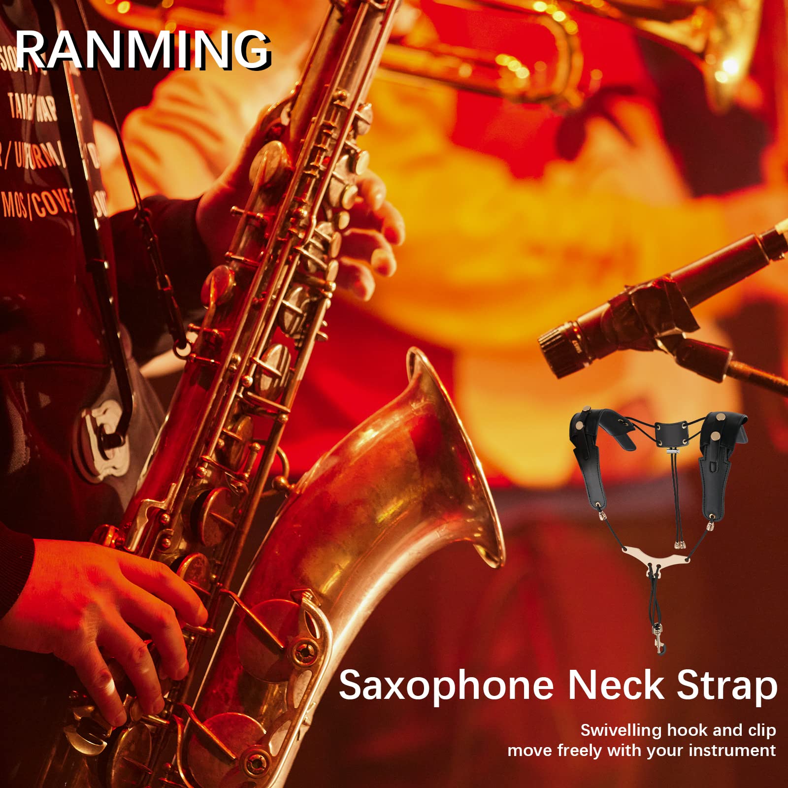 RANMING Saxophone Shoulder Strap,Double Shoulder Leather Saxophone Harness Strap with Adjustable Length Metal Slider Sax Harness,Reduces Neck Pain,for Long Hours of Practice.