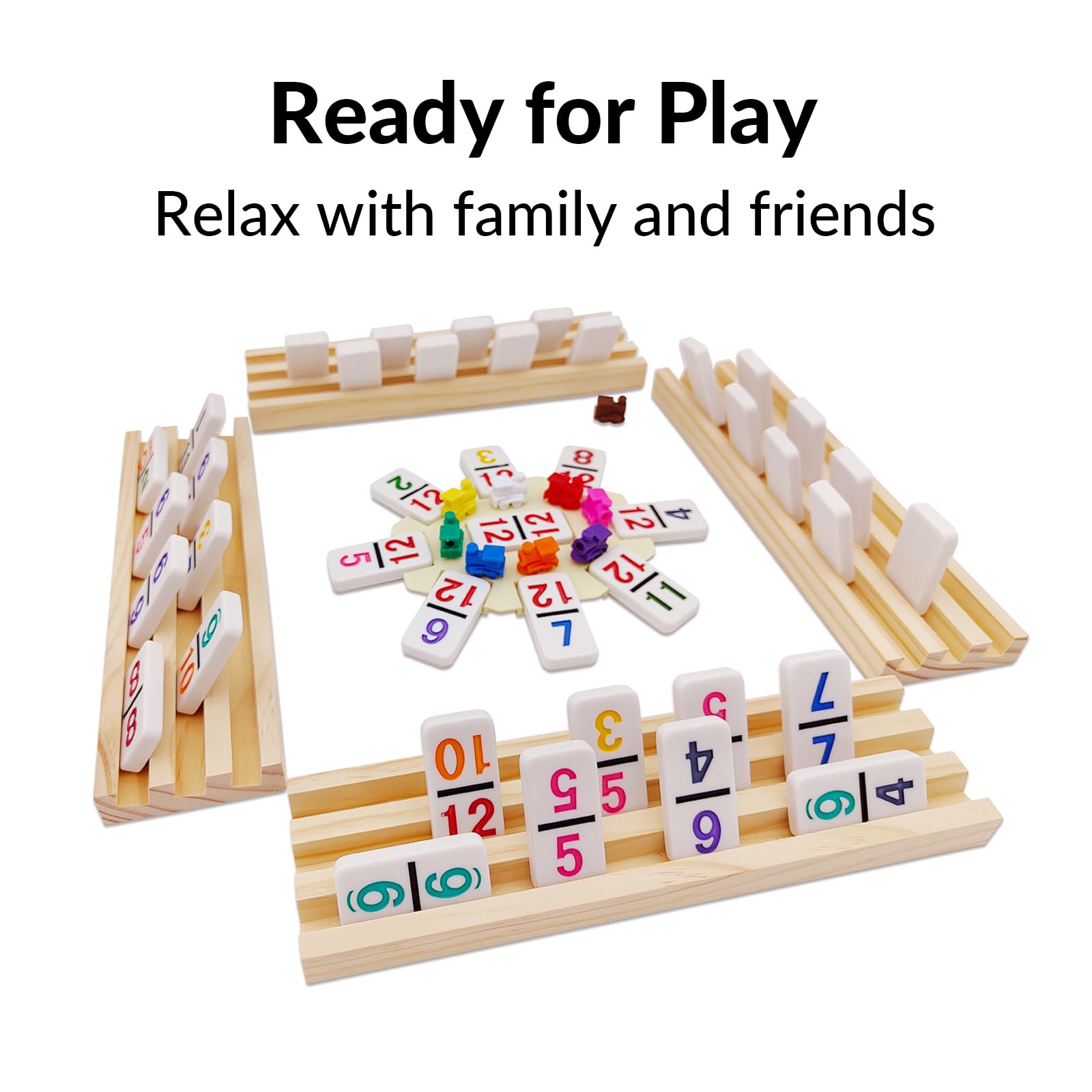 Mexican Train Dominoes Set with Numbers and 4 Wooden Trays/Racks, Double 12 Dominos Travel Set with 4 Tiles Holders, 91 Tiles Double 12 Colored Dominoes Game Set with Portable Case for Families Kids