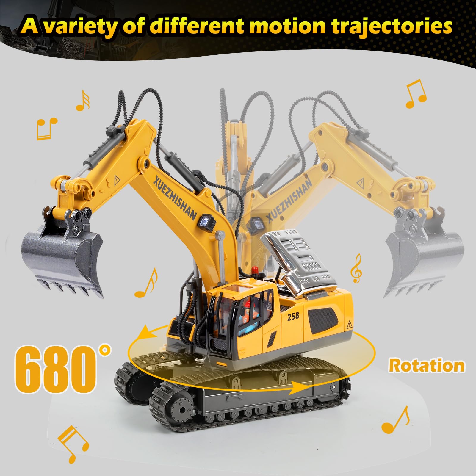 KidsFaves Remote Control Excavator Toys for Boys Turns 680-degree 2 Batteries Metal Shovel Lights/Sounds Construction Toys Birthday Gifts Boy Toys for 3 4 5 6 7 8 Years Old