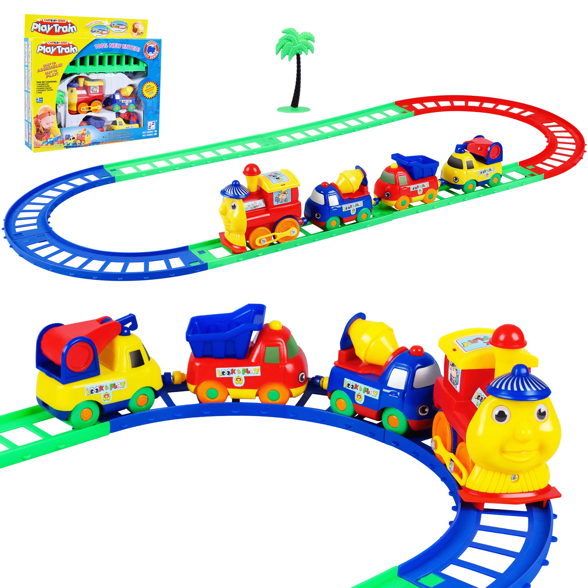 Car Track Toy, Toddler Train Set, Include 8 Tracks 4 Cars and a Tree, Toddler Toys, Gift for Boys Girls