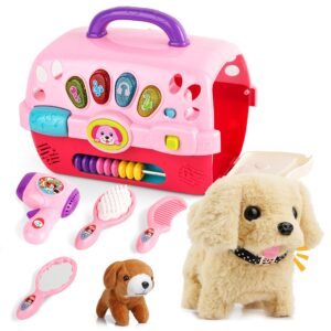 bellochiddo dog toys for kids, pretend play puppy dog toy for kids with interactive electric dog, 7 piece pet care playset with carrier, educational toys for 1 2 3 4 5 6 old girls