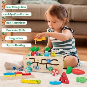 Montessori Toys for 1+ year old, 8-in-1 Wooden Activity Truck Toy Includes Carrot Harvest Game, Sorting & Stacking Toy, Magnetic Fishing Game, Learning Toy for Toddlers, Xmas Birthday Gift for Kids