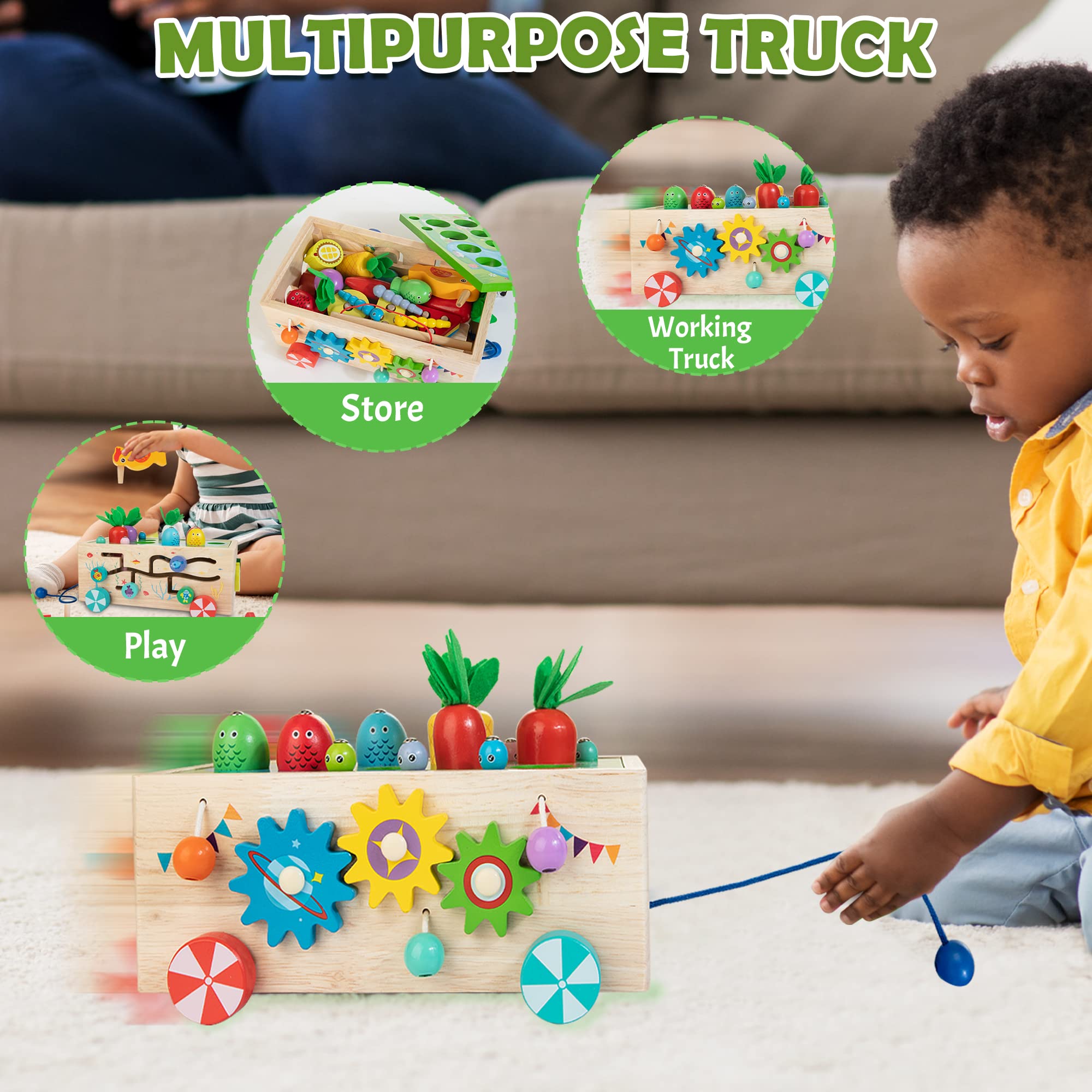 Montessori Toys for 1+ year old, 8-in-1 Wooden Activity Truck Toy Includes Carrot Harvest Game, Sorting & Stacking Toy, Magnetic Fishing Game, Learning Toy for Toddlers, Xmas Birthday Gift for Kids