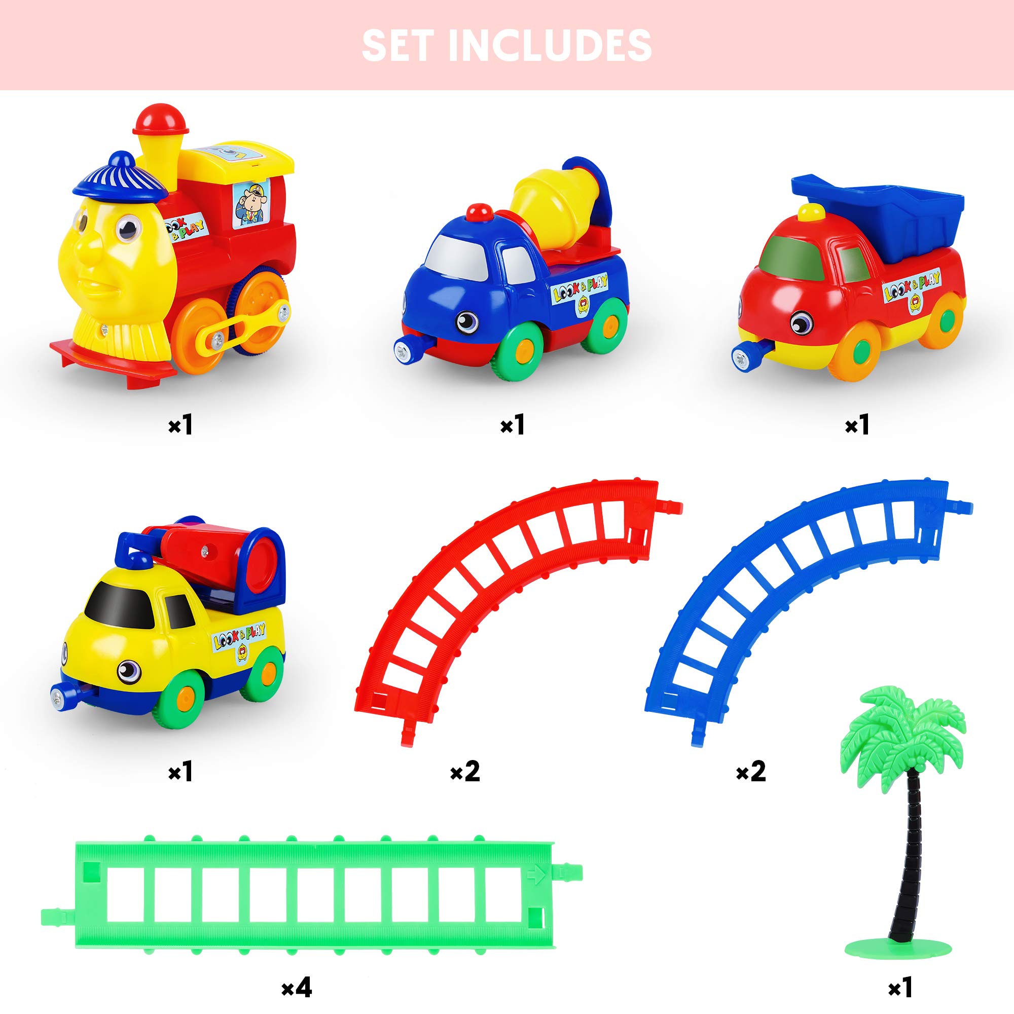 Car Track Toy, Toddler Train Set, Include 8 Tracks 4 Cars and a Tree, Toddler Toys, Gift for Boys Girls