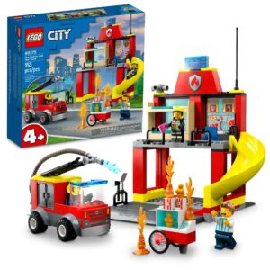 lego city fire station and fire engine 60375, pretend play fire station with firefighter minifigures, educational vehicle toys for kids boys girls age 4+