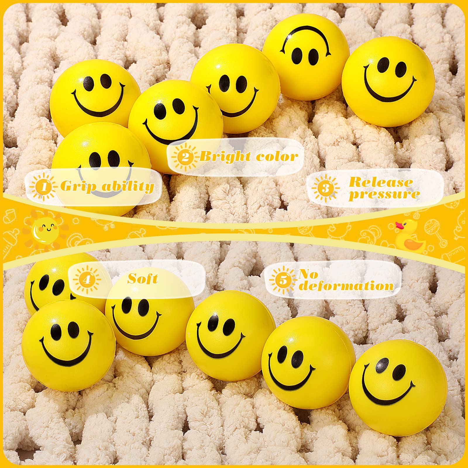 2.5 Inch Smile Face Stress Balls Bulk Happy Smile Stress Relief Balls Mini Funny Foam Balls Kids Smile Face Toys for Teens Adults Carnival Christmas Party Bag Fillers (Yellow,100 Pcs)