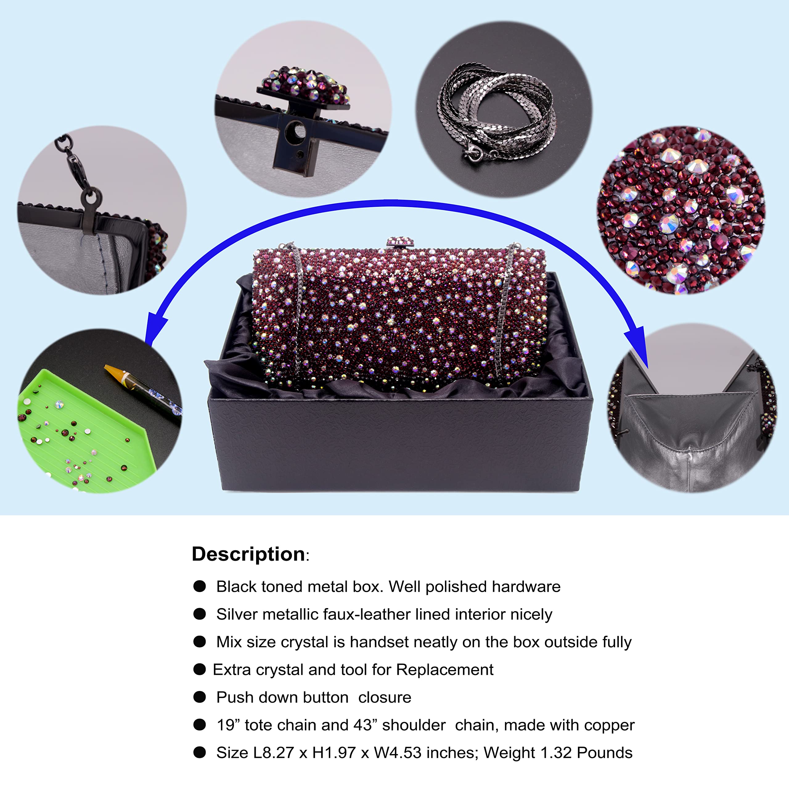 Luxury Rhinestone Clutch for Women Formal Event Crystal Evening Handbag with Chain AB Stone Box Purse Amethyst AB