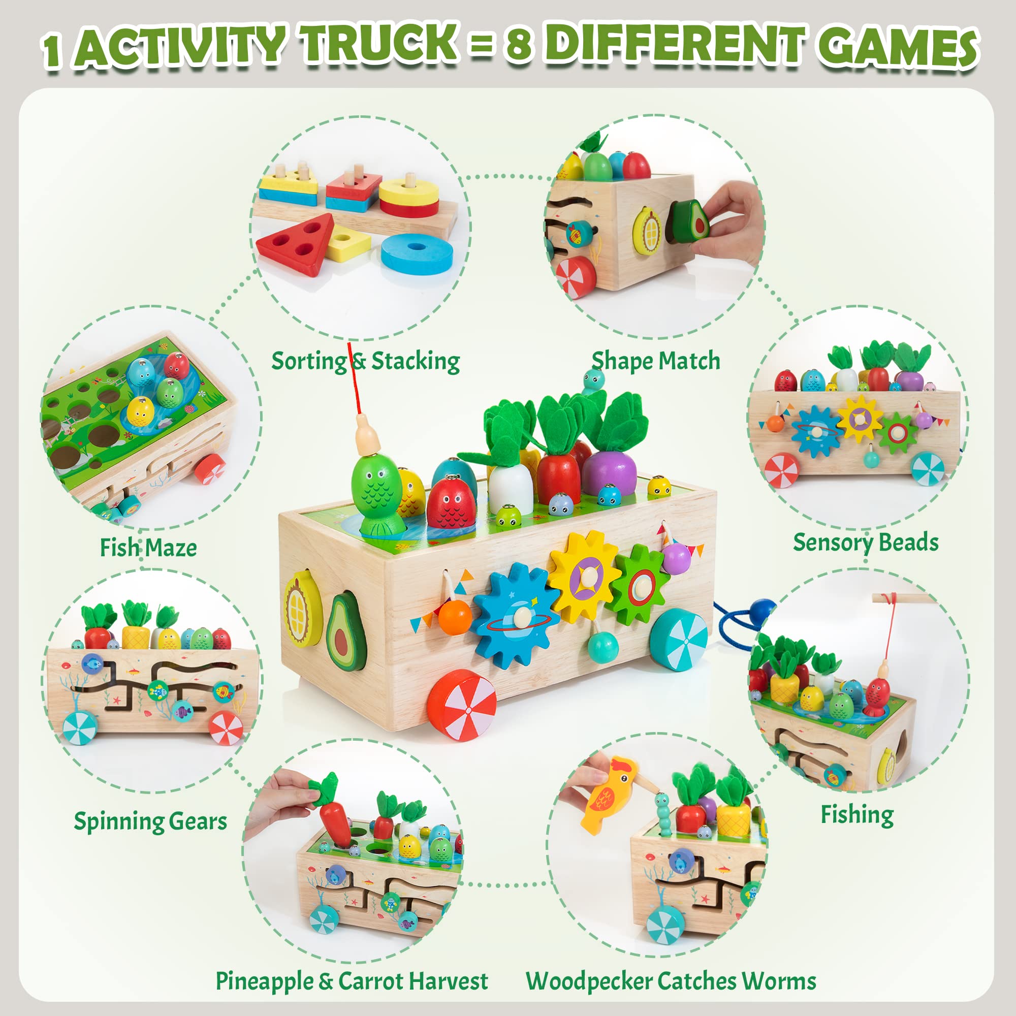 Montessori Toys for 1+ year old, 8-in-1 Wooden Activity Truck Toy Includes Carrot Harvest Game, Sorting & Stacking Toy, Magnetic Fishing Game, Learning Toy for Toddlers, Xmas Birthday Gift for Kids