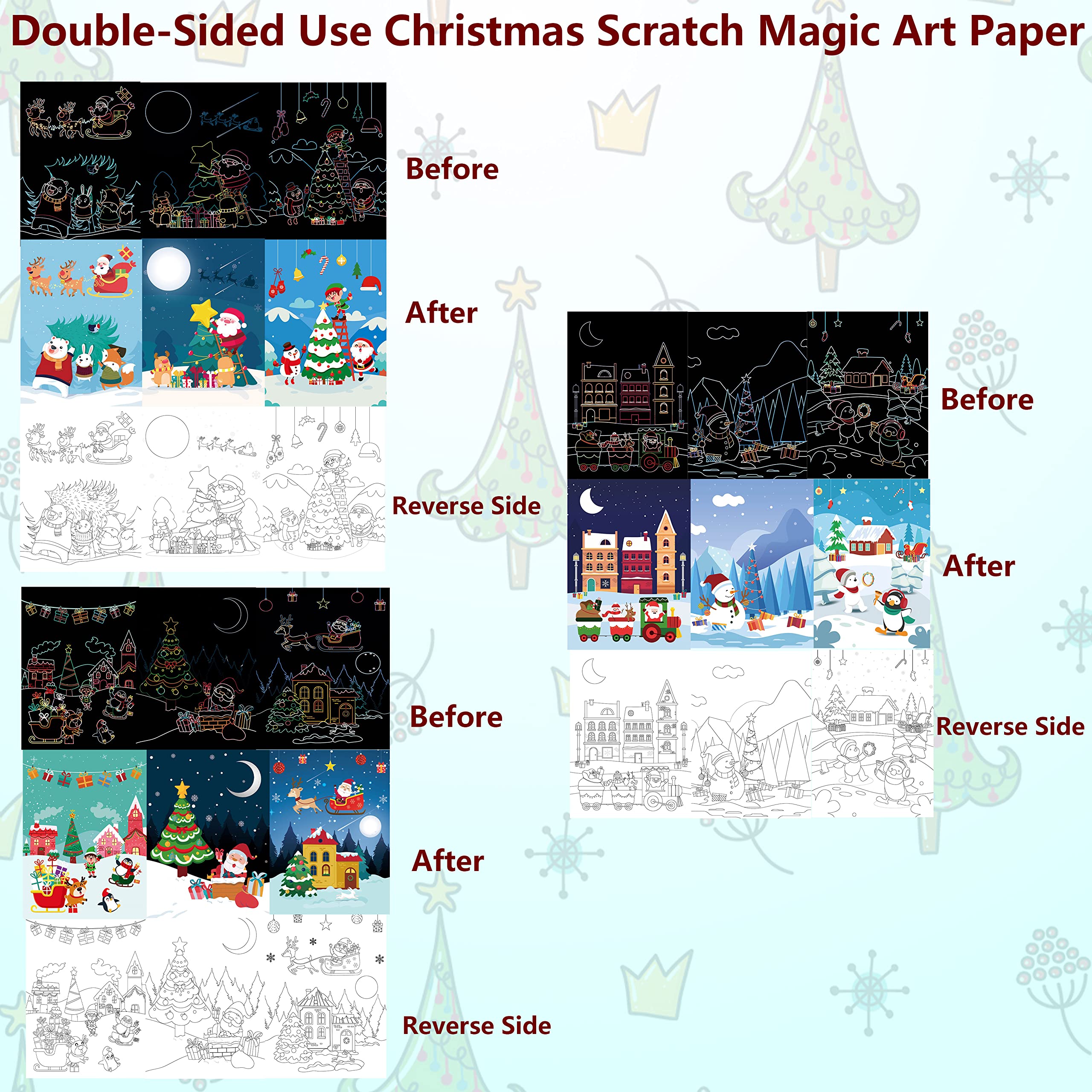 OPUHOHR Christmas Scratch Paper Art Set, Rainbow Scratch Off Notebooks Arts Crafts Supplies Set, Christmas Tree Snowman Scratch Paper Card for Kids DIY Christmas Gift Birthday Card