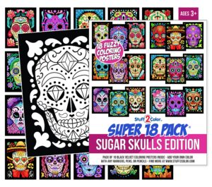 stuff2color super pack of 18 fuzzy velvet coloring posters (sugar skulls edition) - great kid friendly halloween, day of the dead, dia de los muertos arts and craft activity [all ages fun] (1 pack)