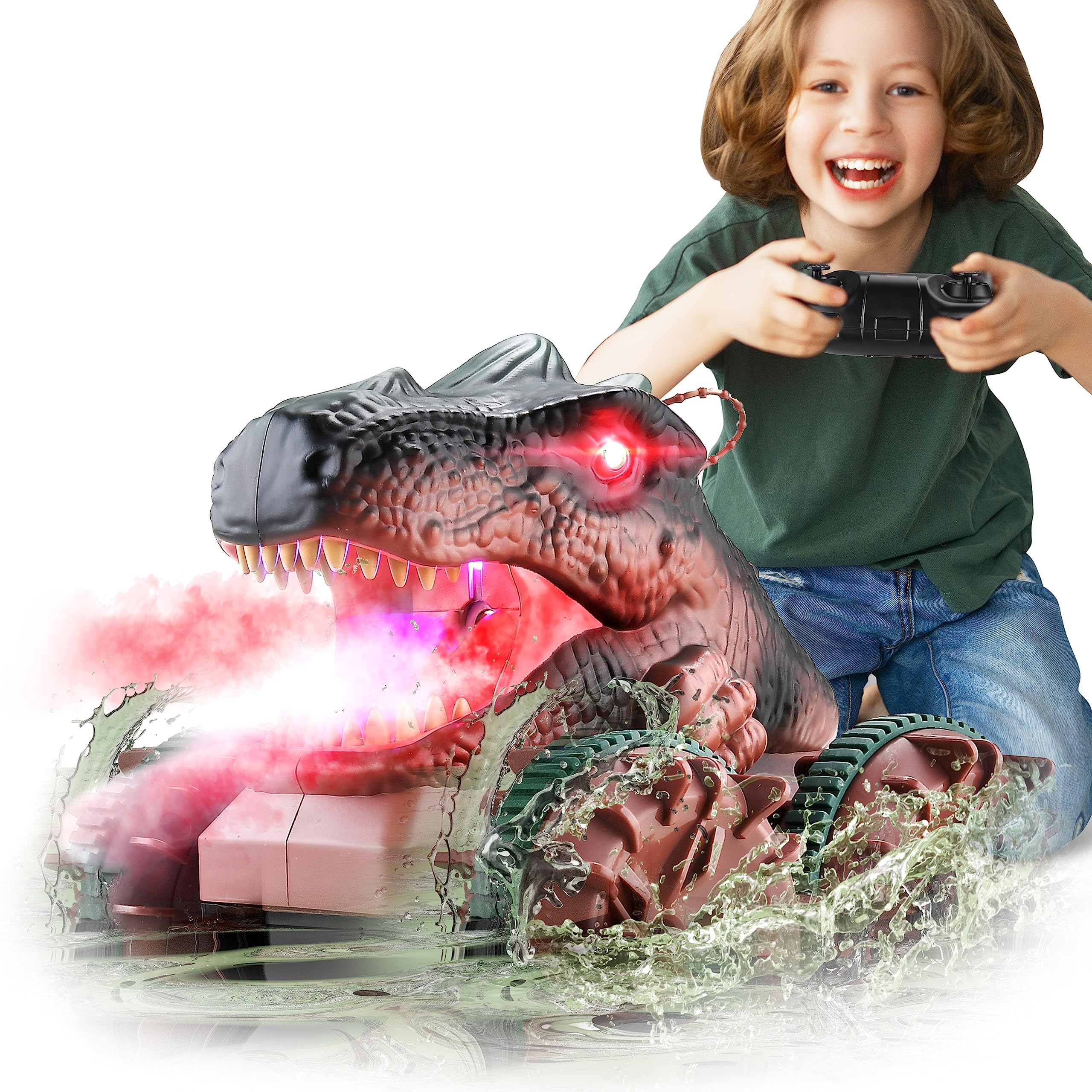 BEZGAR Remote Control Dinosaur Car, Dinosaur Monster Trucks for Boys Age 4-7,2.4Ghz Amphibious Remote Control Car with Light & Spray Function,Waterproof Dinosaur Outside Toys for Kids Ages 8-12