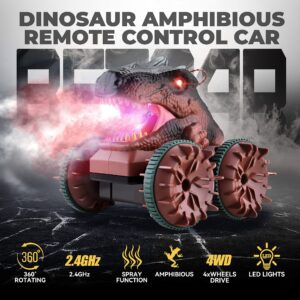 BEZGAR Remote Control Dinosaur Car, Dinosaur Monster Trucks for Boys Age 4-7,2.4Ghz Amphibious Remote Control Car with Light & Spray Function,Waterproof Dinosaur Outside Toys for Kids Ages 8-12