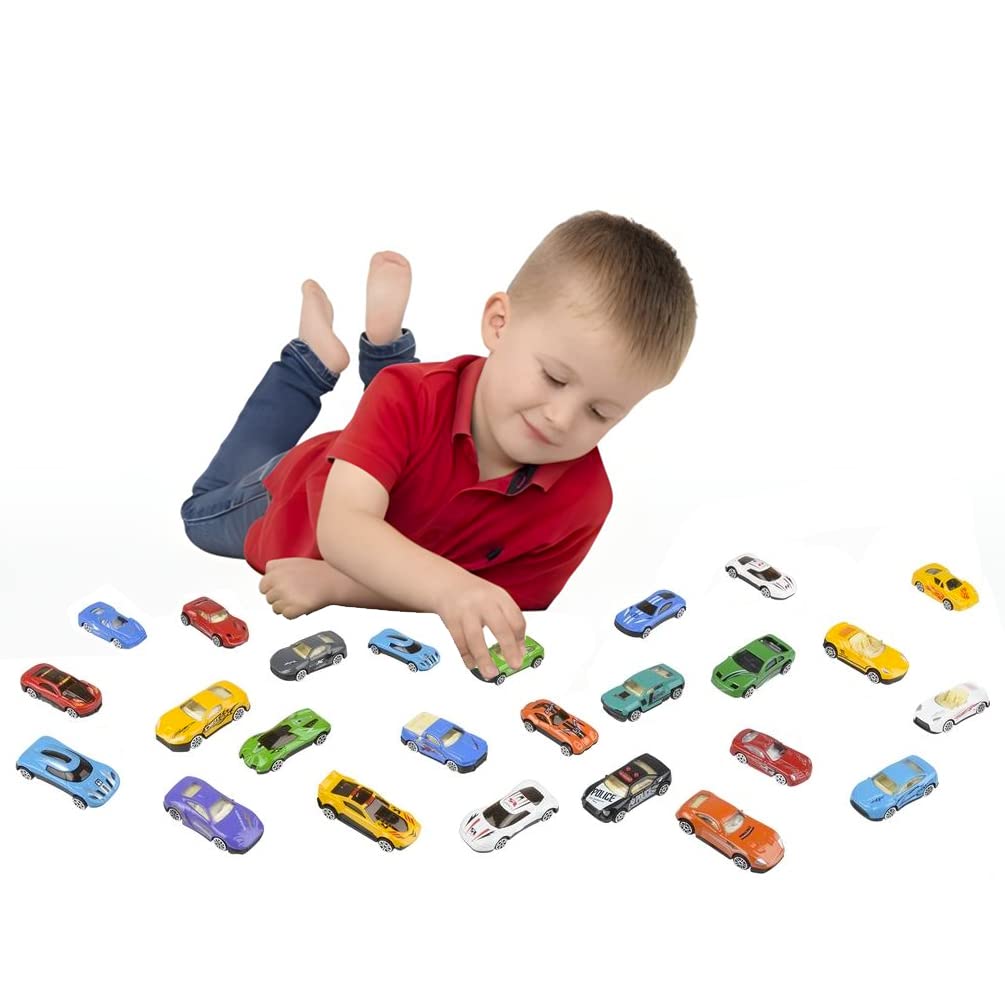 25 Piece Diecast Cars Pack Toy Playset in Storage Carrying Tub - 1:64 Scale Metal Alloy Die-cast Vehicles Collection for Kids