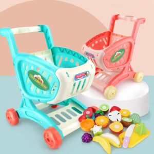 Toyvian Kids Shopping Cart Food Shopping Trolley Basket Plastic Supermarket Handcart for Kids Toy Shop Kitchen Play Educational Toy Blue