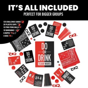 Do or Drink Team Wars - Drinking Games for Game Night, Girls Night, and More - Adult Games with Cups, Ping Pong Balls, Dice, Ropes, and More - Fun Party Games