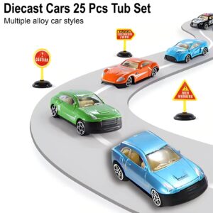 25 Piece Diecast Cars Pack Toy Playset in Storage Carrying Tub - 1:64 Scale Metal Alloy Die-cast Vehicles Collection for Kids