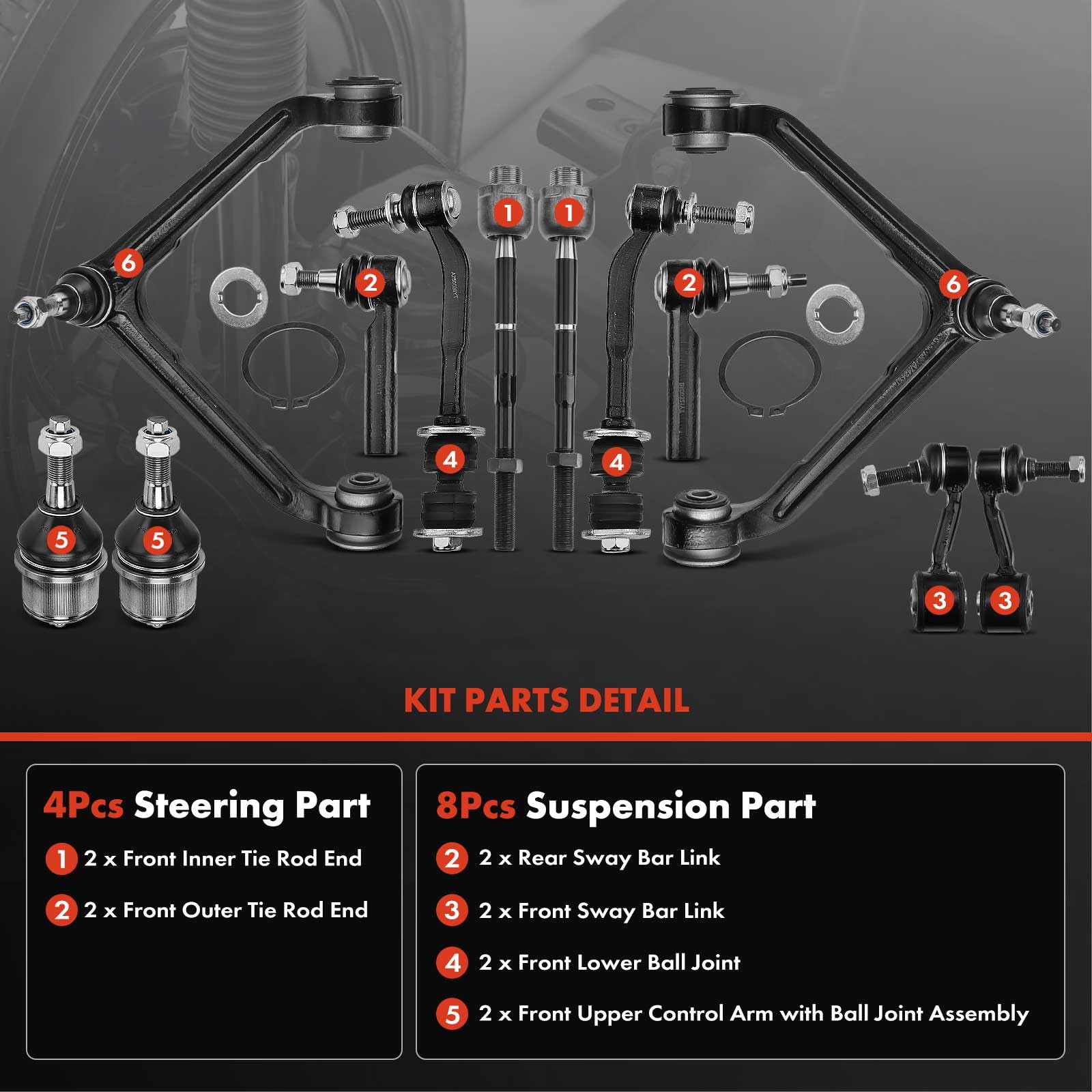 A-Premium Set of 12, Front Upper Control Arm, Lower Ball Joint, Inner Outer Tie Rod End, Front & Rear Sway Bar Link, Compatible with Dodge Durango 2004-2009, Chrysler Aspen 2007-2009