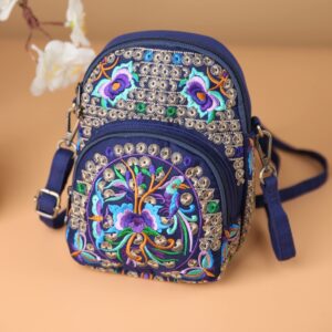 Canvas Crossbody Bag Cell phone Pouch Coin Purse for Women OR Girls Embroidery (HX15-Blue+Purple)