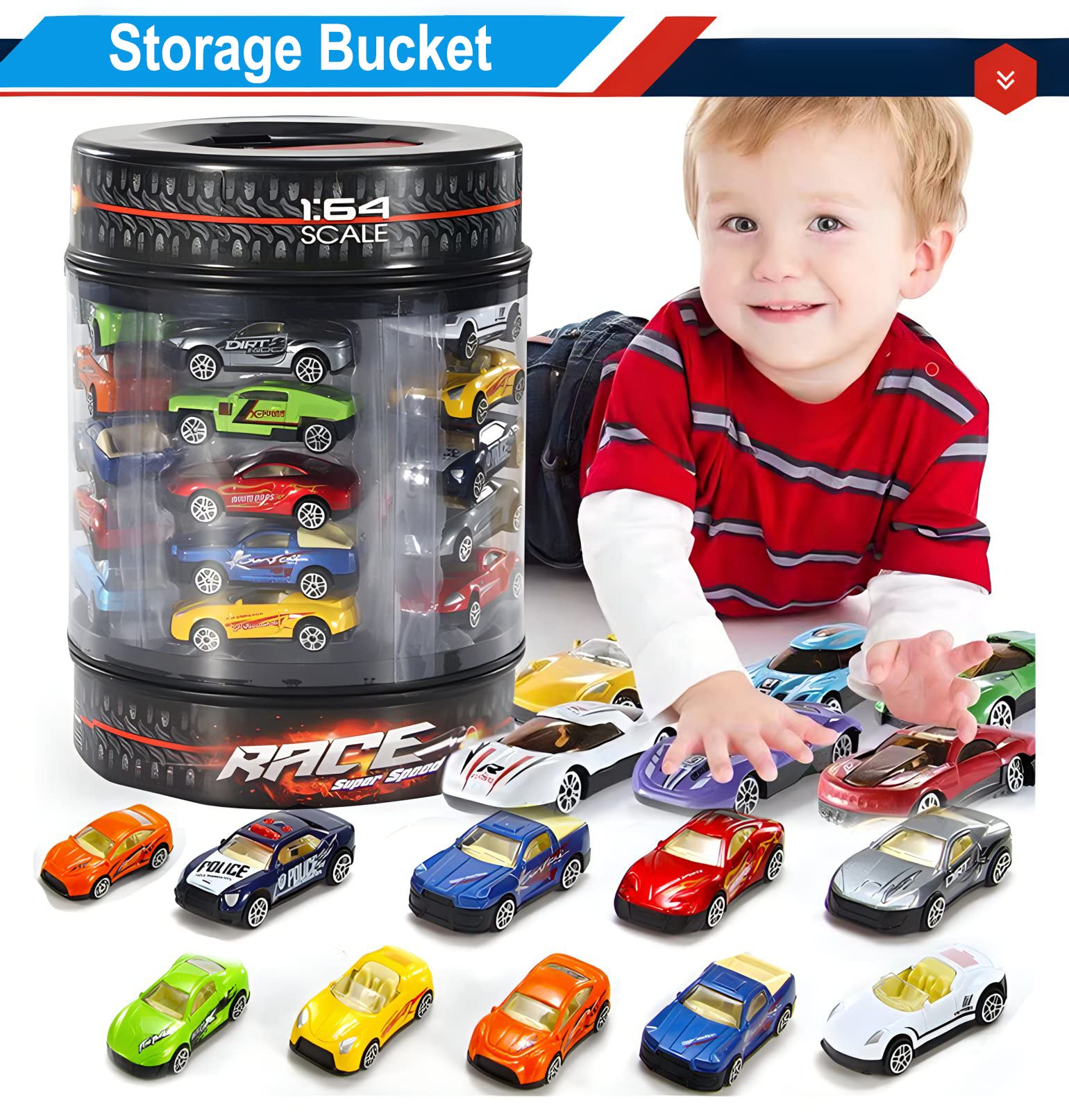 25 Piece Diecast Cars Pack Toy Playset in Storage Carrying Tub - 1:64 Scale Metal Alloy Die-cast Vehicles Collection for Kids