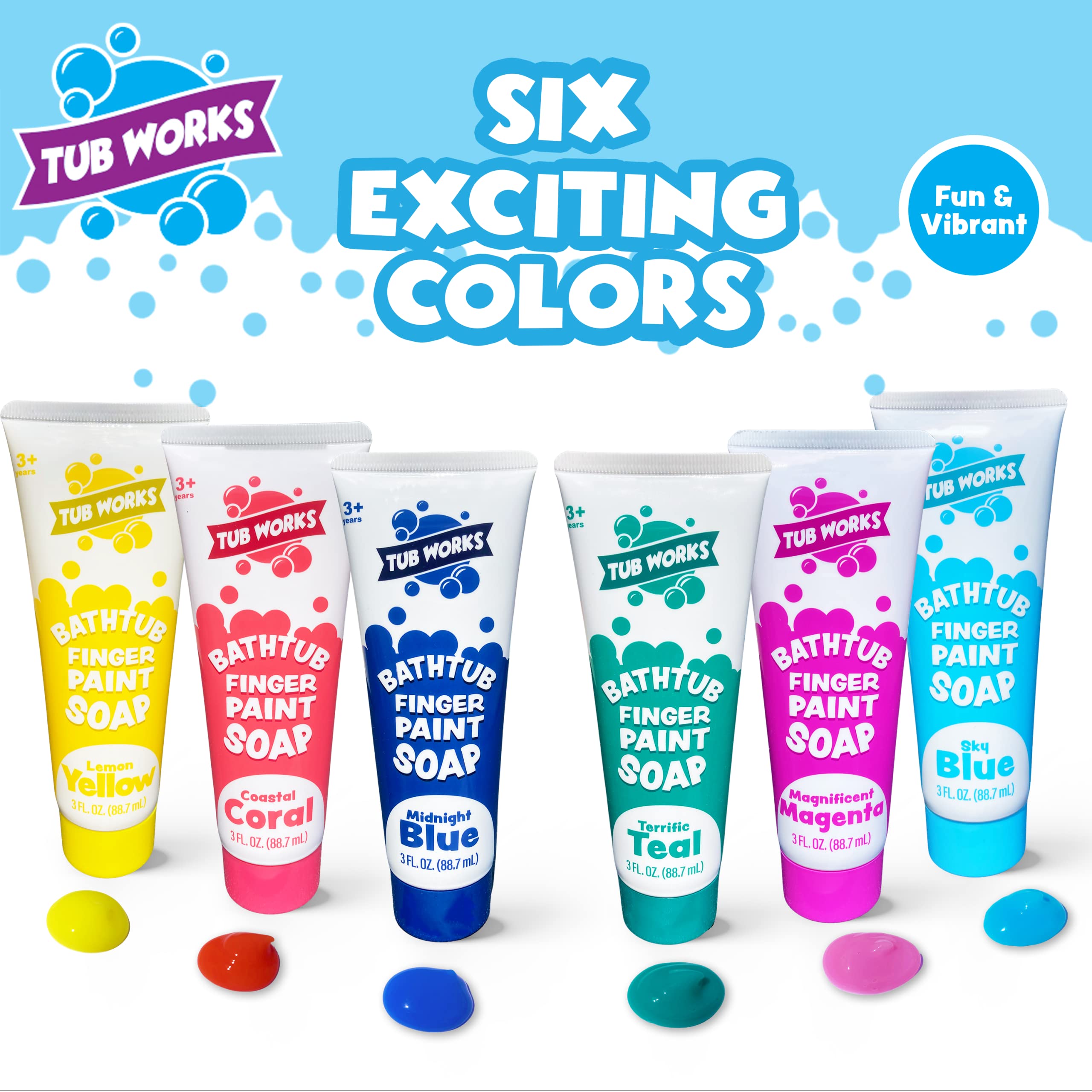 Tub Works® Bathtub Finger Paint Soap, Fun Colors 6 Pack | Non-Toxic, Washable Bath Paint for Finger Painting on Tub Walls | Ideal Toddler Bath Toys for Creative Play | Easy to Clean, Fun Bathtub Paint