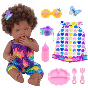 dollbie 14 Inch Reborn Baby Dolls Black African American Baby Doll with Hair Doll & Accessories (1 Doll+2 Sets Clothes+7 Pcs Accessories)