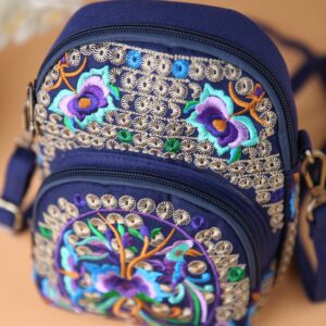 Canvas Crossbody Bag Cell phone Pouch Coin Purse for Women OR Girls Embroidery (HX15-Blue+Purple)