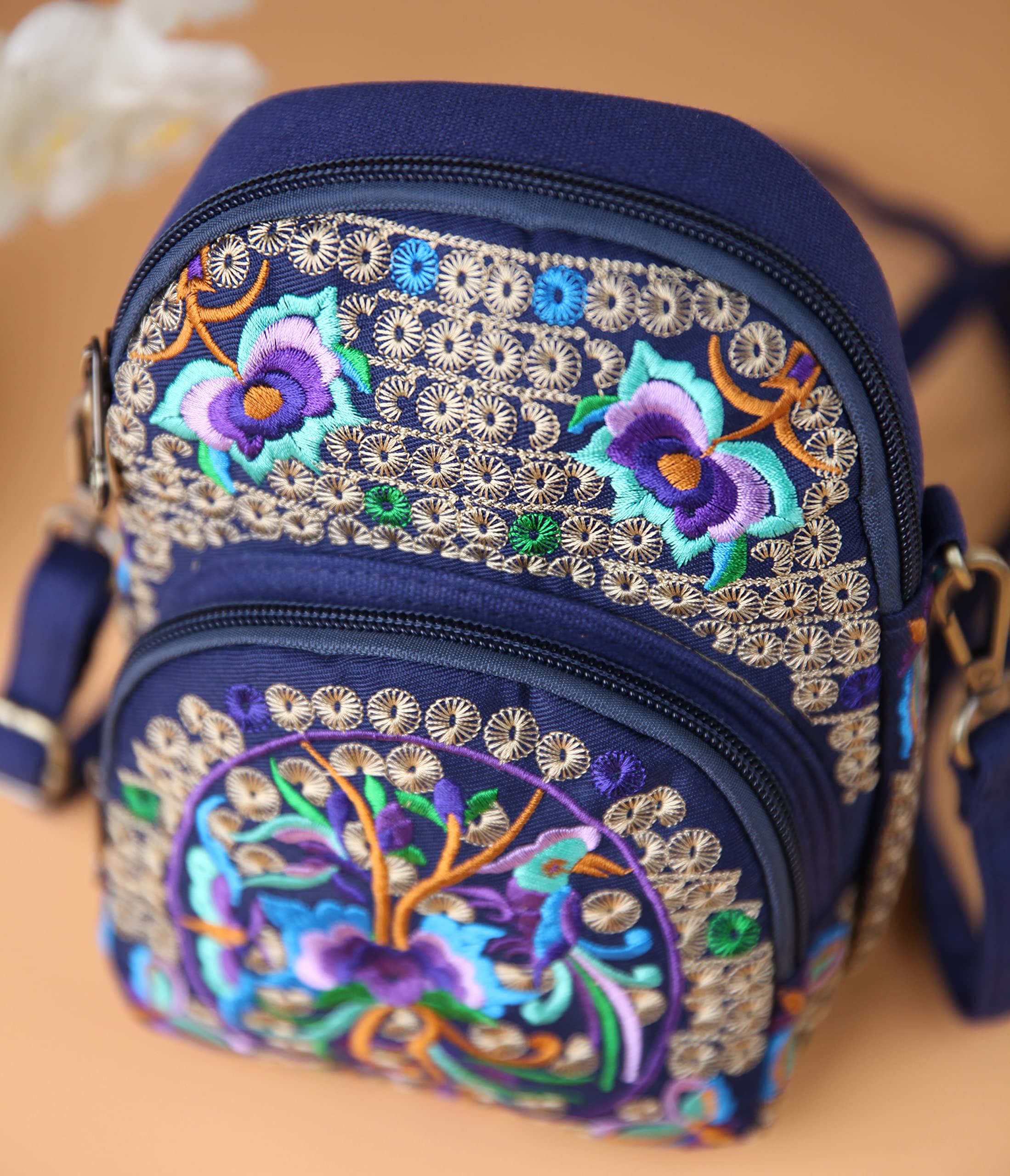 Canvas Crossbody Bag Cell phone Pouch Coin Purse for Women OR Girls Embroidery (HX15-Blue+Purple)