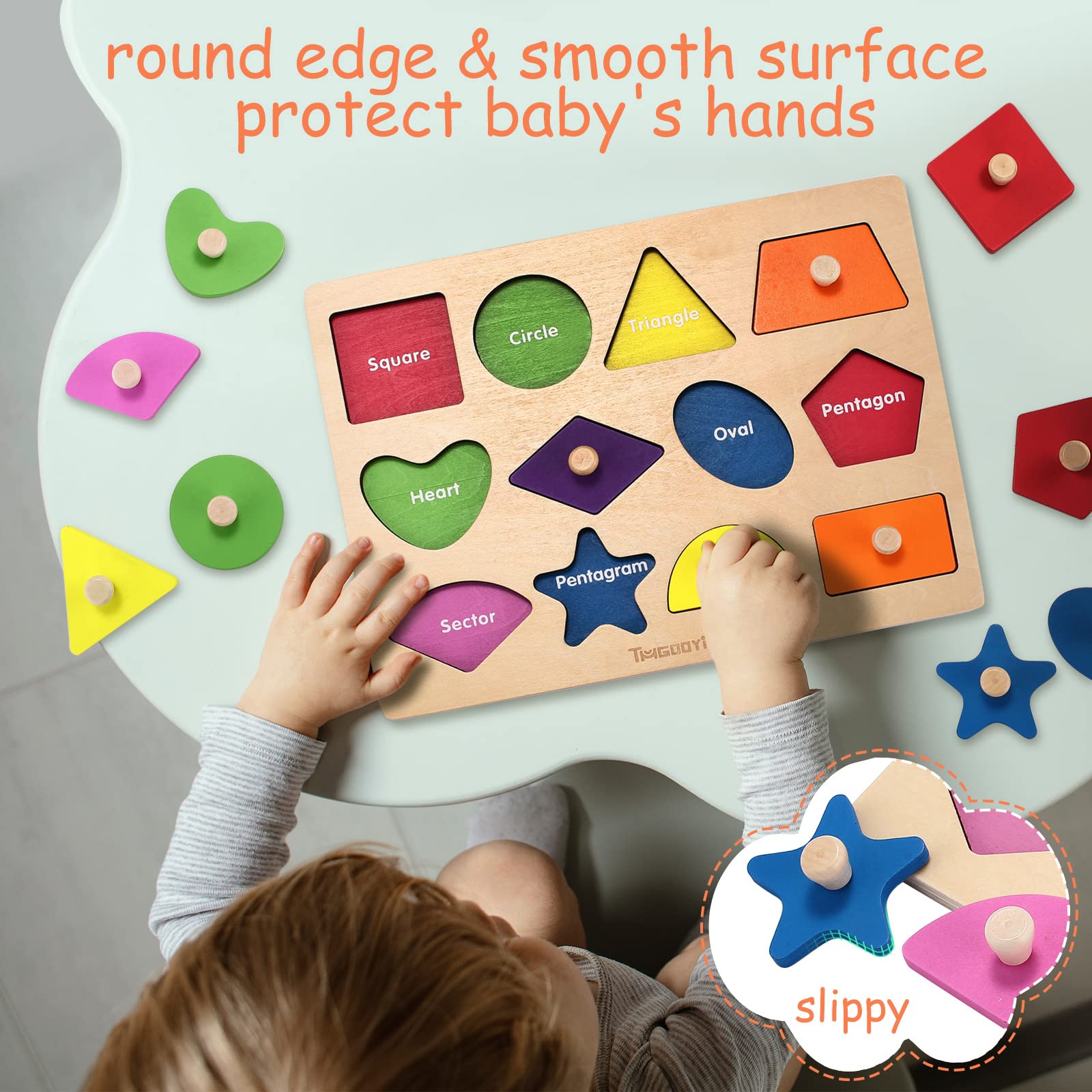 NUGZIX Wood Toddler Puzzles Ages 1-3 First Shapes Jumbo Knob Wooden Peg Puzzles for Baby Montessori Educational Learning Puzzle Geometric Shape Sorting Toy