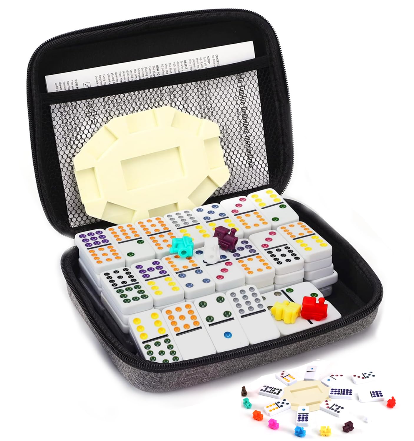 Mexican Train Dominoes Game Set, Double 12 Colored Dot Dominoes with Update Hub, Travel Mexican Train Game with 91 Tiles and Portable Carry Case, Family Board Team Games for Kids and Adults