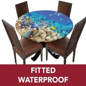 Ocean Round Fitted Tablecloth,Sea Exotic Natural View Tropical Print Elastic Edged Polyester Table Pad, XLarge, Fit Round Tables up 59"-63" Diameter, for Wedding Party Dining Banquet