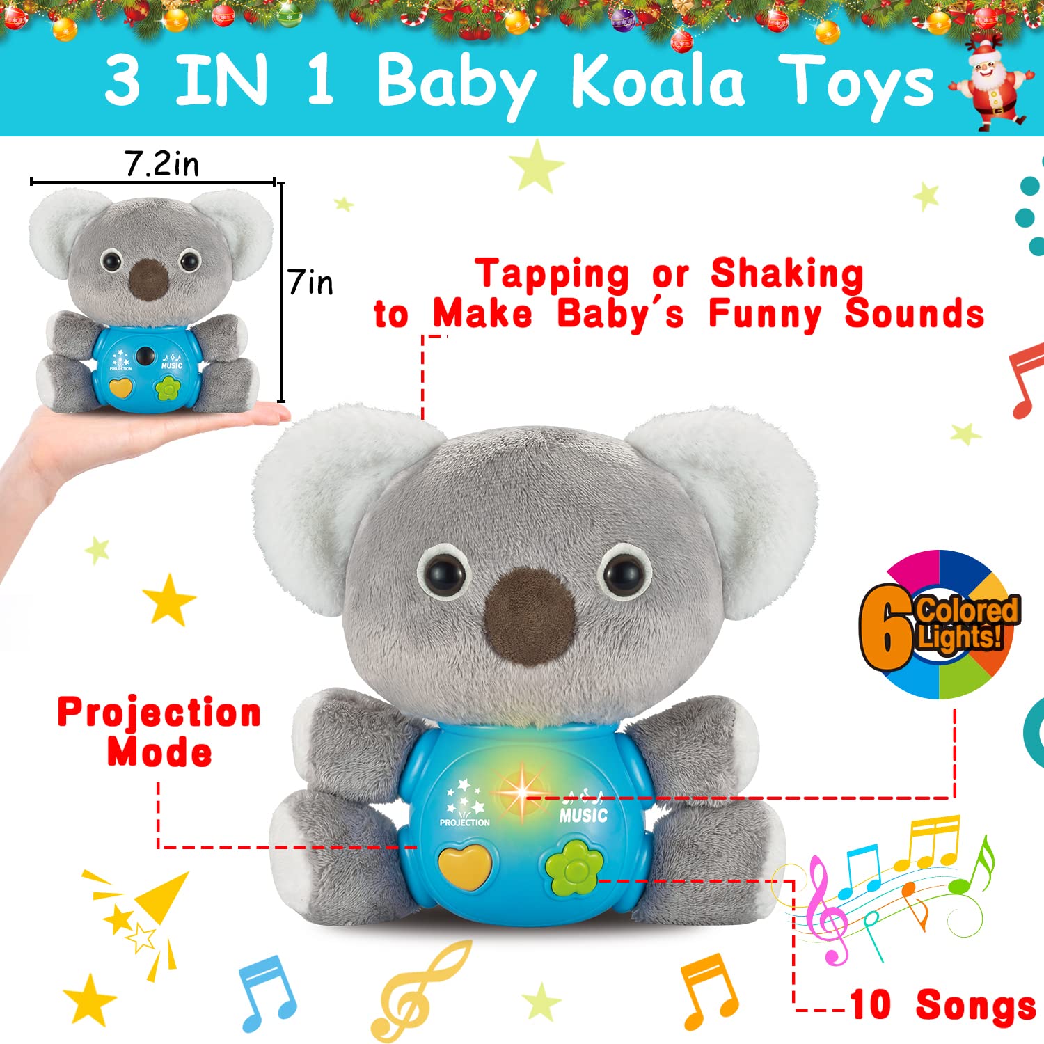 3 in 1 Koala Plush Baby Musical Toy Star Projector Light Up Baby Toys 0 3 6 8 9 12 18 Month Newborn Infant Toy 0-6 Stuffed Animal for Girl Boy Sensory Developmental Toddler 1 2 Year Old